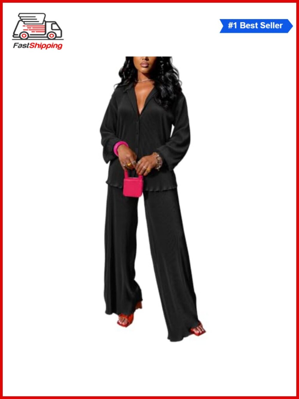 ✨kaimimei 2 Piece Plisse Set Shirt & Wide Leg Pants Women Casual Outfit